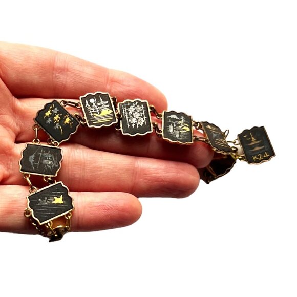 RARE Vtg Japanese Damascene Shakudo Panel Necklace/Bracelet/Screw-On Earrings - Picture 13 of 16